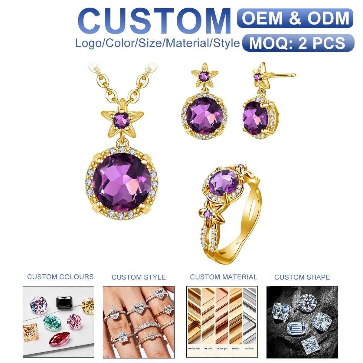 Luxury Palace Style Amethyst Cubic Zirconia Sterling Silver Gold Plated Engagement Anniversary Bridesmaid Jewelry Gift Set