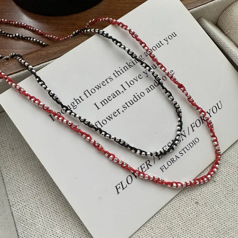 Real S925 Sterling Silver Black Red Cord Braided Silver Beads Beaded Necklace Women Girl Fine Jewelry