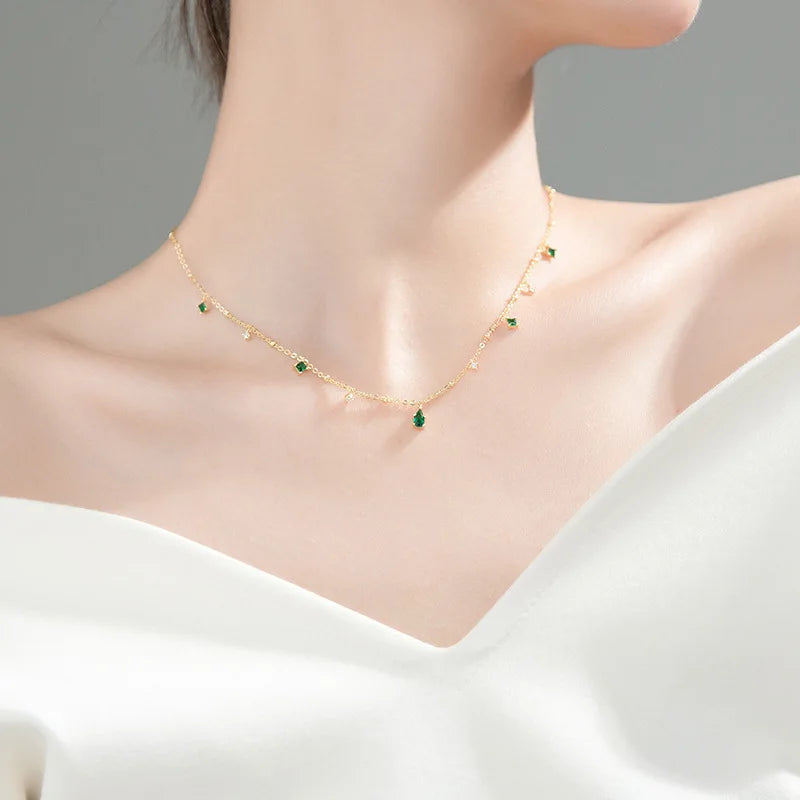 Fashion Jewelry 925 Sterling Silver Multiple Green Emerald White Zircon Water Drop Diamond Gold Plated Necklaces for Women