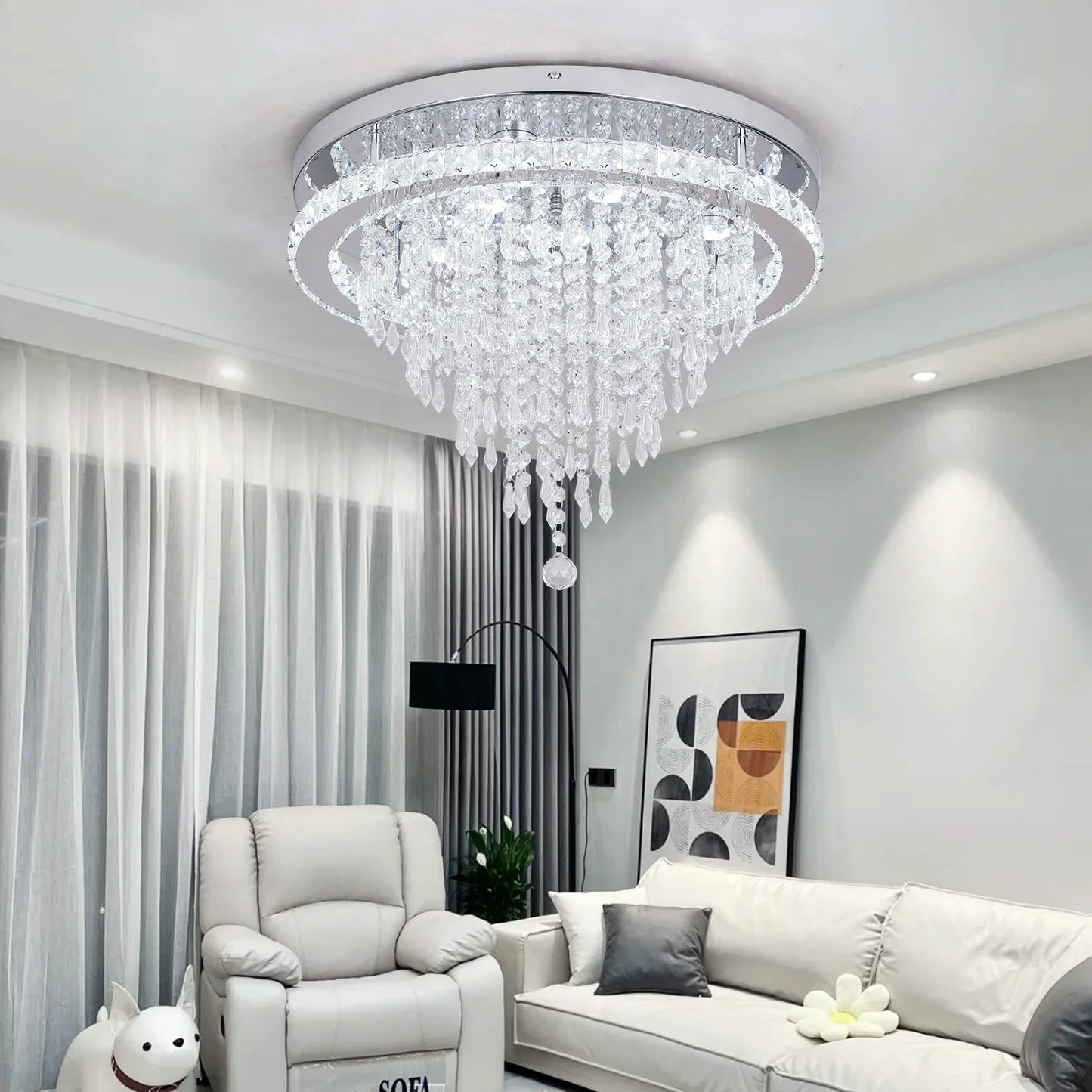 Led Flush Mount 46W Crystal Hanging Cluster Dimmable Ceiling Lights Lamps