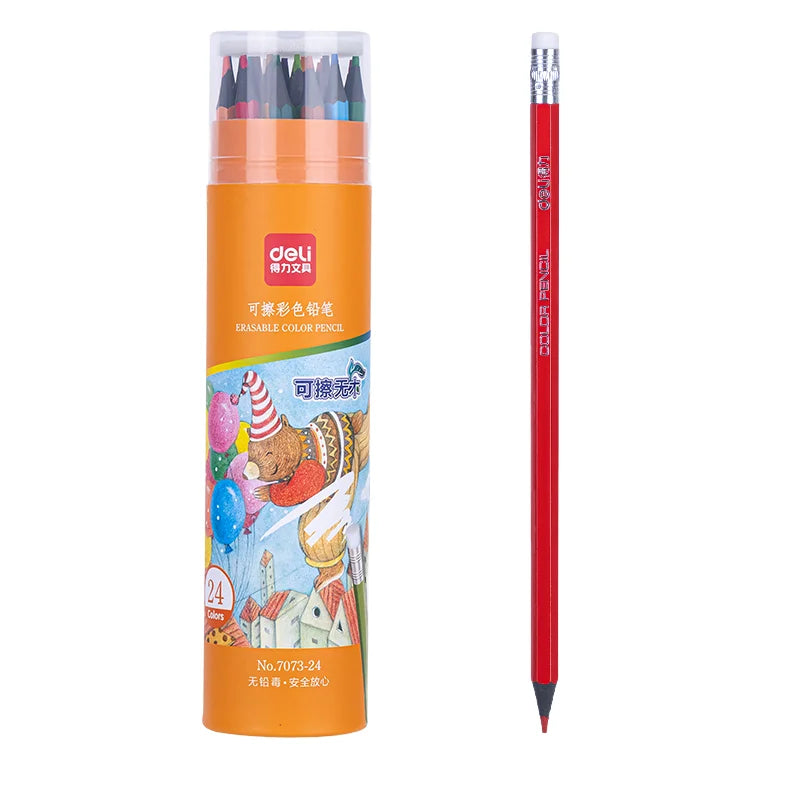 Deli 7073-24 24pcs/barrel Colored Pencil with Rubber Head Hexagon Erasable Colored Pencil 96barrel*24pcs=2304pcs Per Carton S