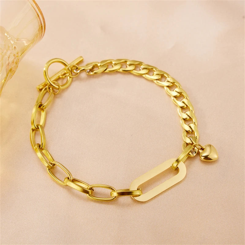 Women's Vintage Stainless Steel Bracelet Gold Plated 18K Oval Chain Link Adjustable for Gift or Party