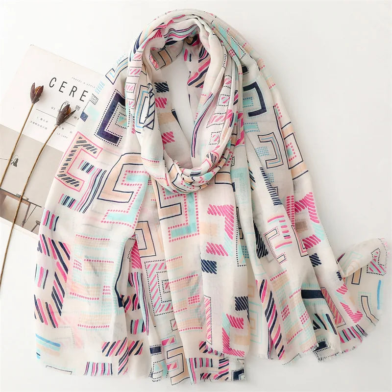 Wholesale High Quality Colorful Color Geometric Printed Shawls Summer Beach Cover up Scarfs Soft Cotton Feelings Muslim Hijab