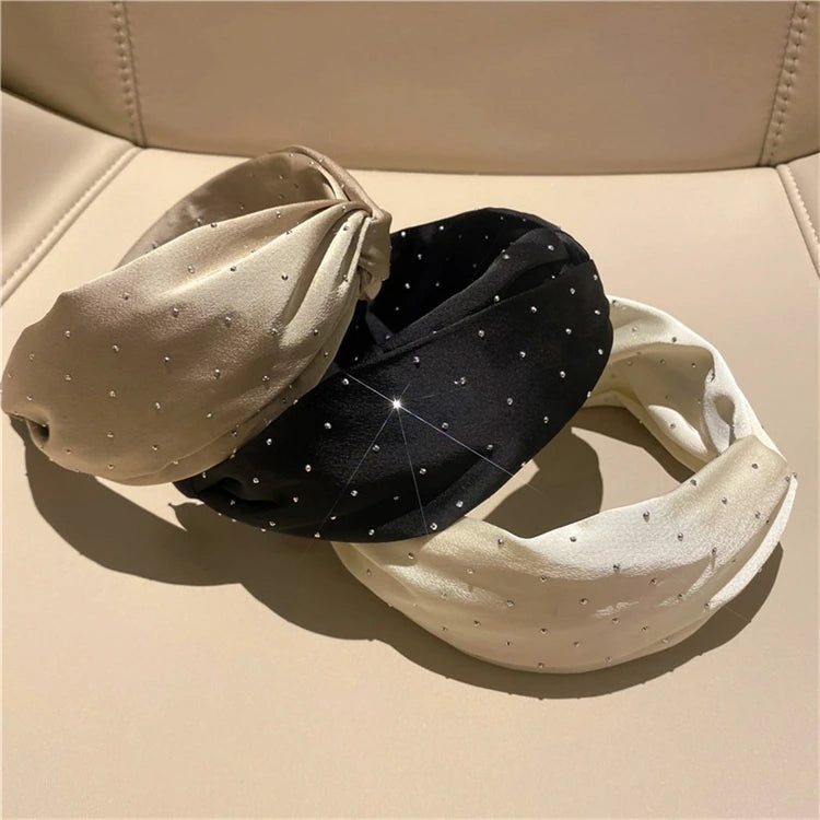 Solid Color Drilling Women Headbands Korean Cross Rhinestone Fabric Hair Band Wide Fashion New Headband