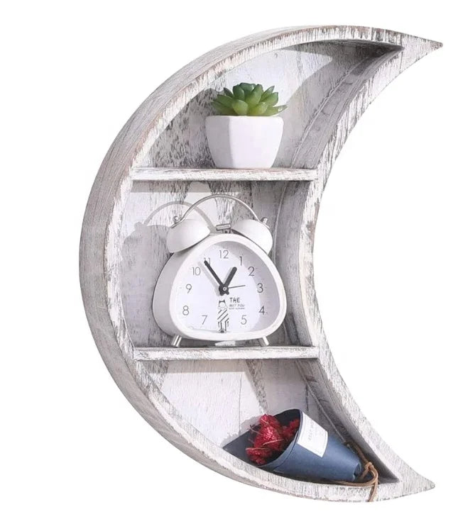 CAOXIAN HUASHEN Wooden Moon Shelf for Home Decor Handcrafted Wood Crafts Boxes Wall Signs