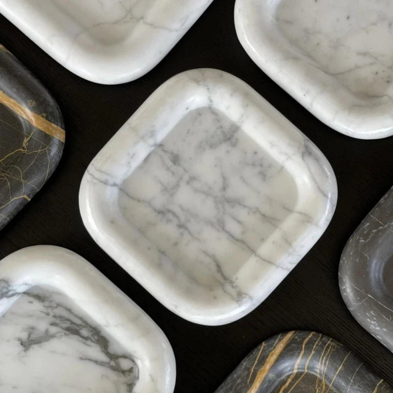 Stonekocc Carrara White Natural Marble Square Carved Puffed Edge Single Tier Multifunction Easy Clean Food Storage Catchall T