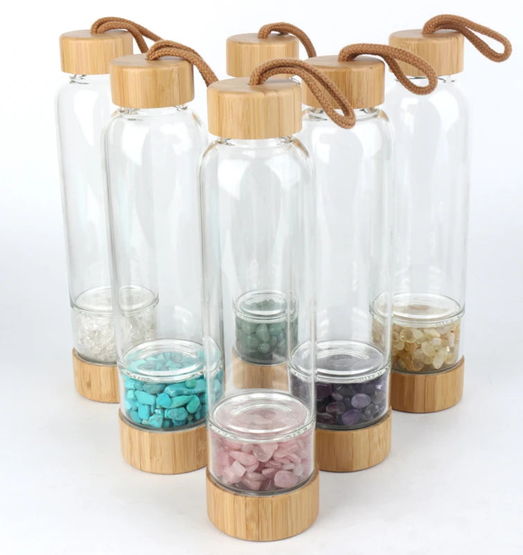 Natural Crystal Bamboo Lid Gemstone Rose Quartz Gravels High Borosilicate Glass Water Bottle