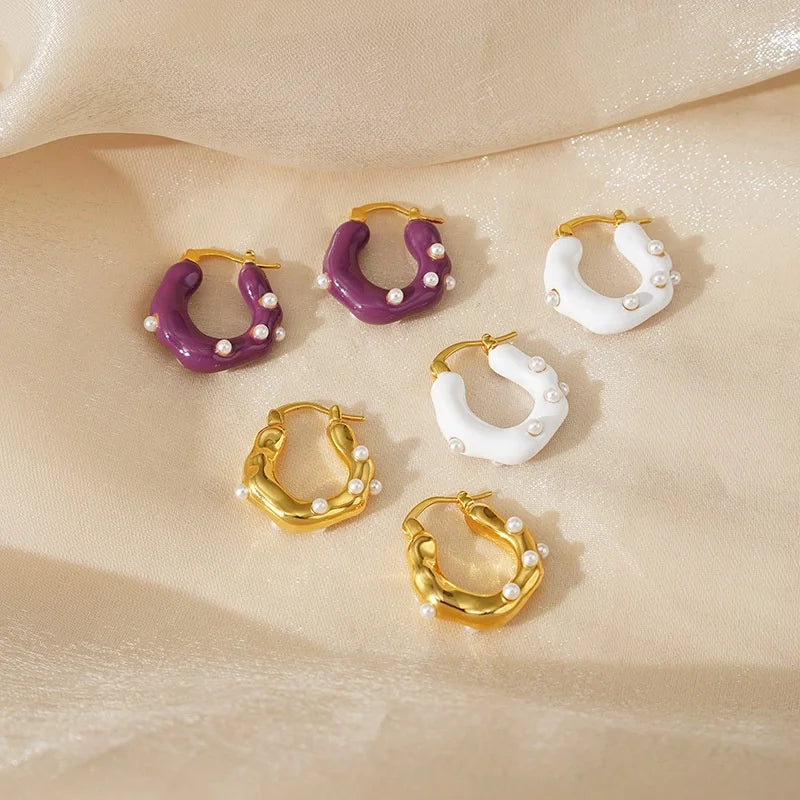 Wholesale Irregular Enamel Hoop Earring Vintage Chic Statement Jewelry Hammered Earrings 18k Gold Hoops Pearl Earrings