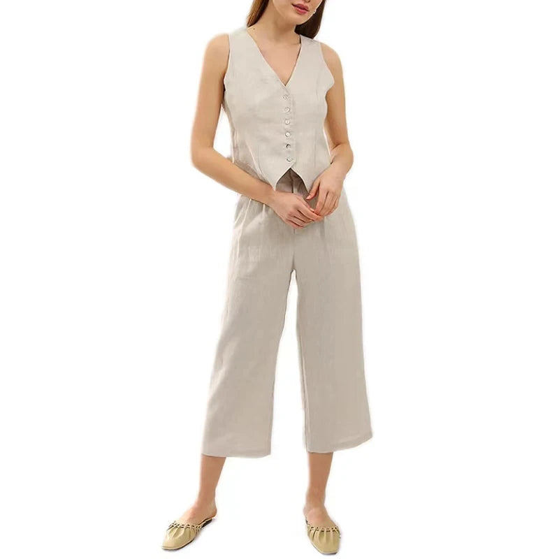 2023 New Arrival Hot Selling High Quality Women's Casual Linen Clothing Solid Pattern Linen Vest Long Pants Button Decoration