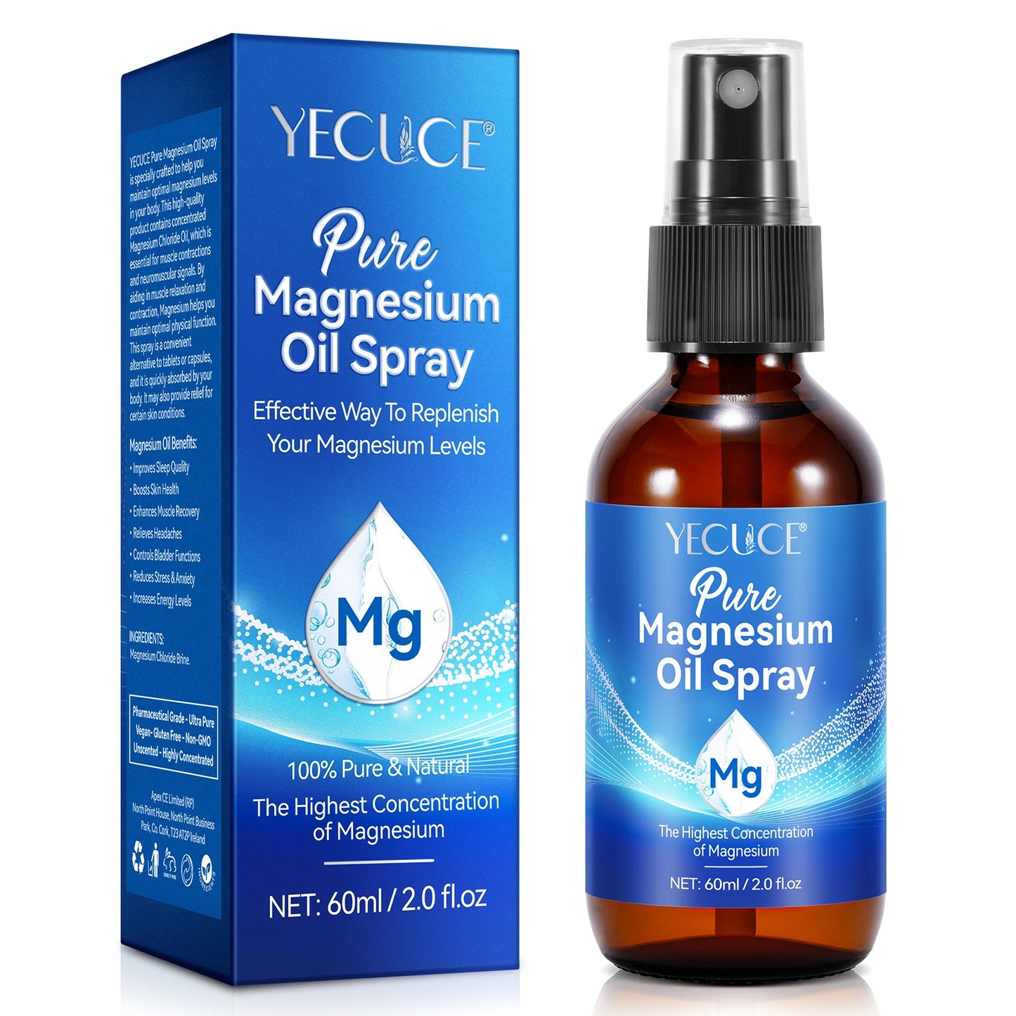 YECUCE Original Pure Magnesium Sleep Spray OEM Private Label Muscle Recovery Magnesium Chloride Oil Spray for Body Deodorant