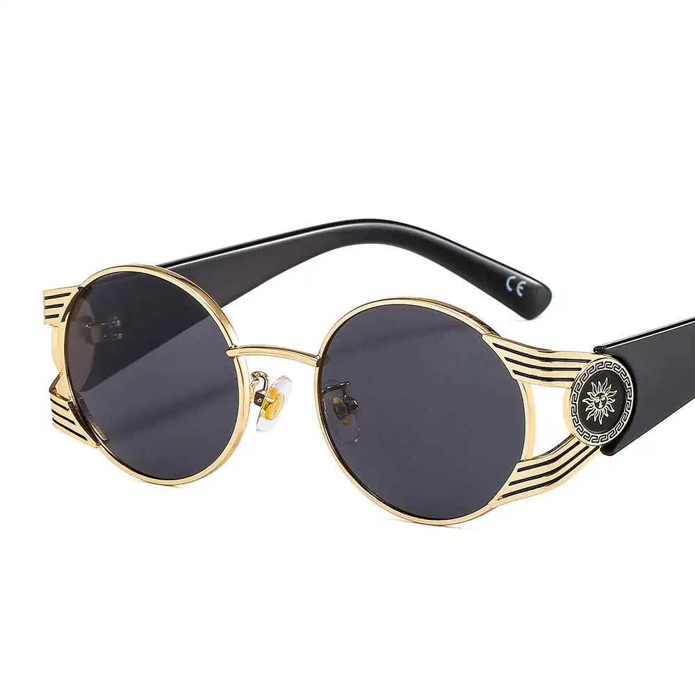 Punk Round Frame Metal Sunglasses Sunflower Laser Decorated Color Sunglasses for Men and Women