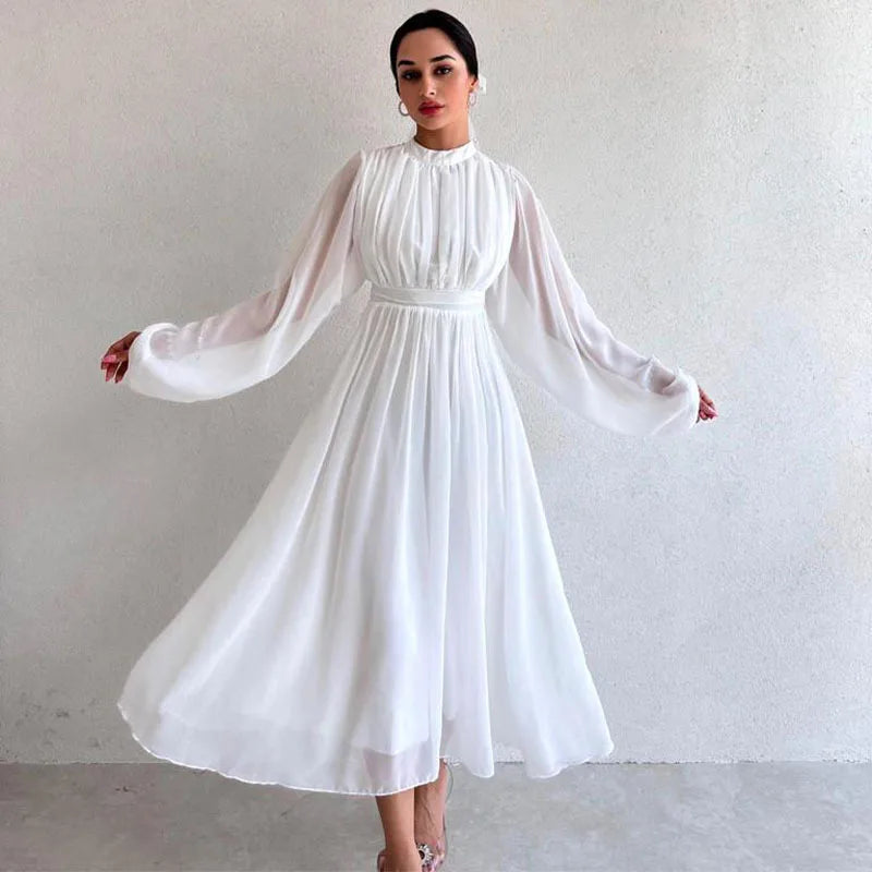 Enyami Romantic Spring Zippered Long Sleeves Pleated Wide Hem Chic Elegant Chiffon Casual A-line Long Dress Women