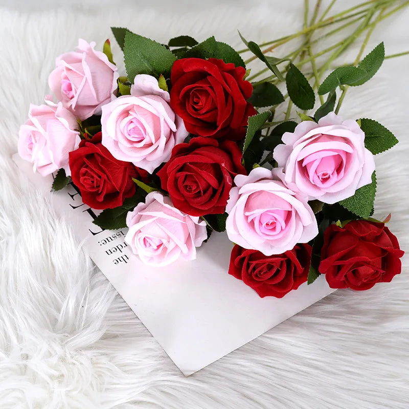 AF10102 Factory Wholesale Bulk High Quality Artificial Single Silk Velvet Roses Flower Red White Custom Rose Decorative Flowe