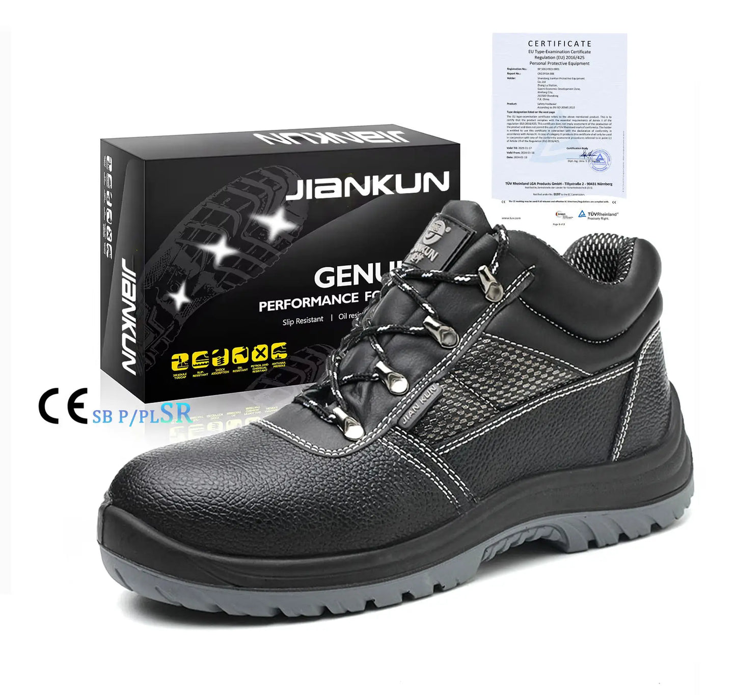 JIANKUN CE S3 Men's Mid Cut Embossed Leather Upper Steel Toe Anti-Static Impact Work Safety Shoes for Construction Protection