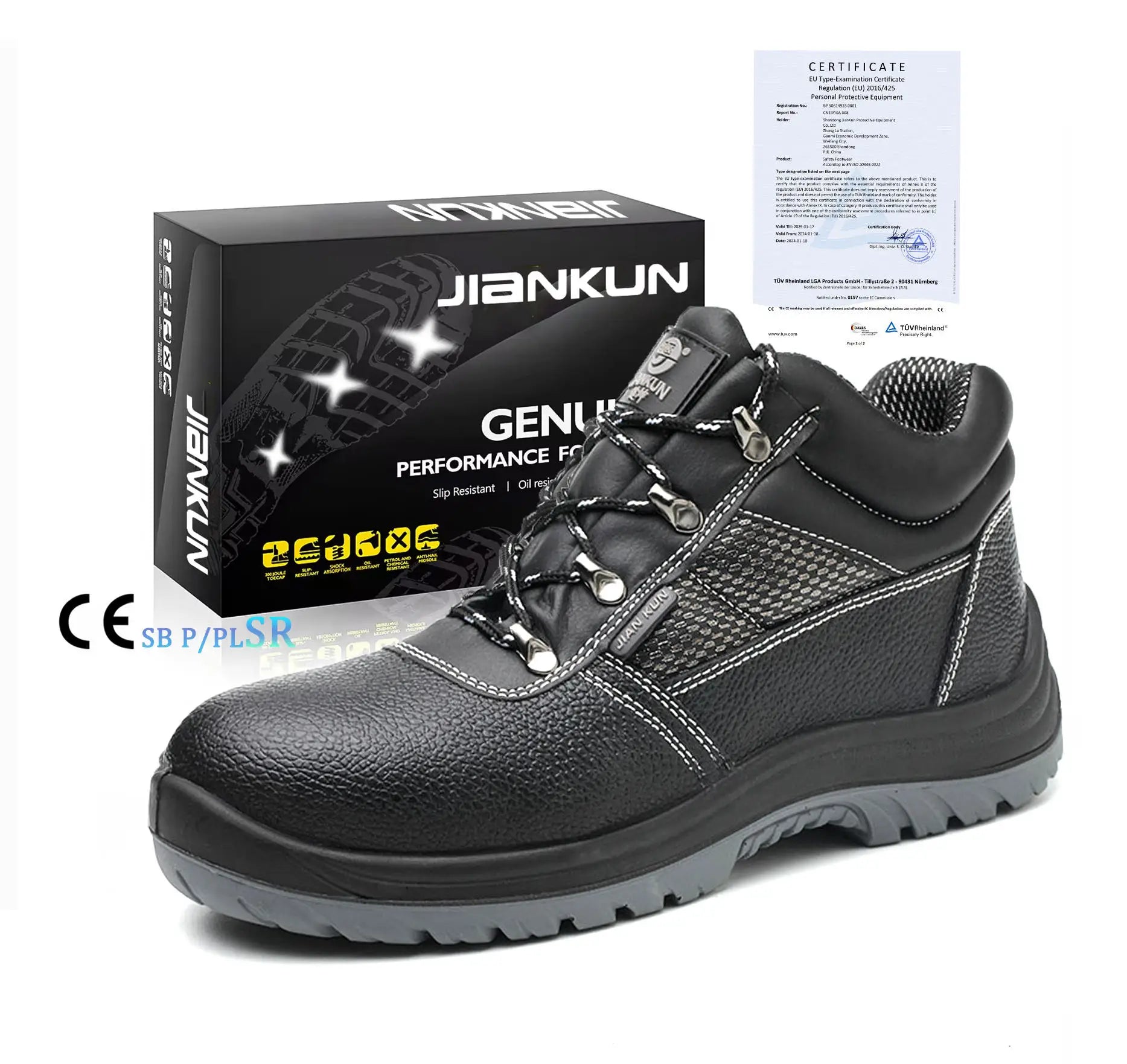 JIANKUN CE S3 Men's Mid Cut Embossed Leather Upper Steel Toe Anti-Static Impact Work Safety Shoes for Construction Protection