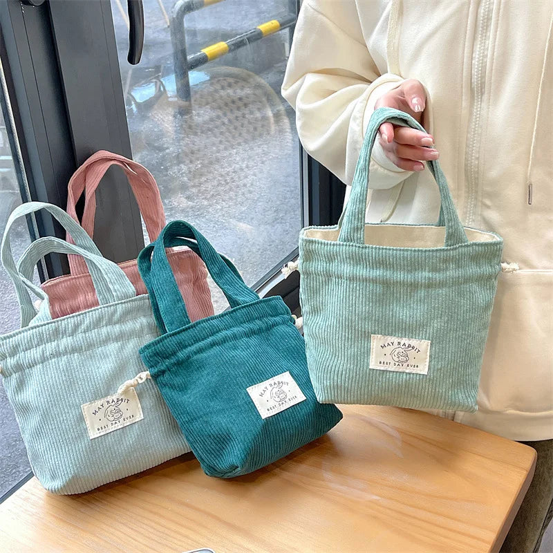 Solid Color Corduroy Women's Shoulder Bags Retro Casual Female Drawstring Handbags Simple Girls Small Tote Purse