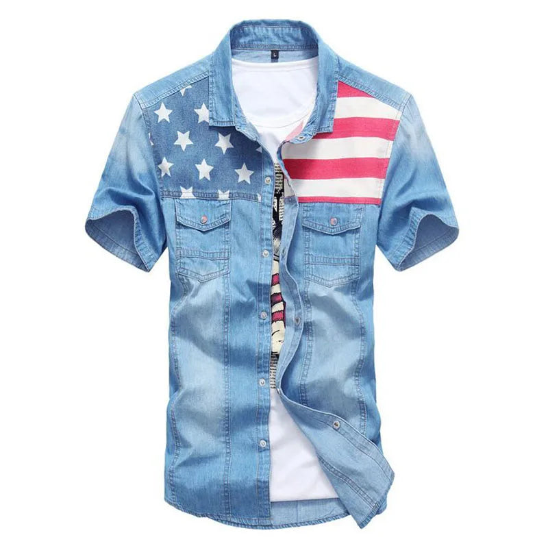 RNSHANGER Men Summer Short Sleeve Denim Shirts Good Quality Men Cotton Thin Jeans Shirts Fashion Men Blue Casual Denim Shirts