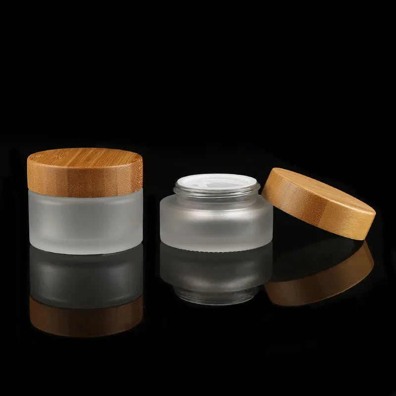 Environmental 50g Glass Body Butter Containers Face Cream Jar Frosted Round Cosmetic Glass Jars With Bamboo Cap
