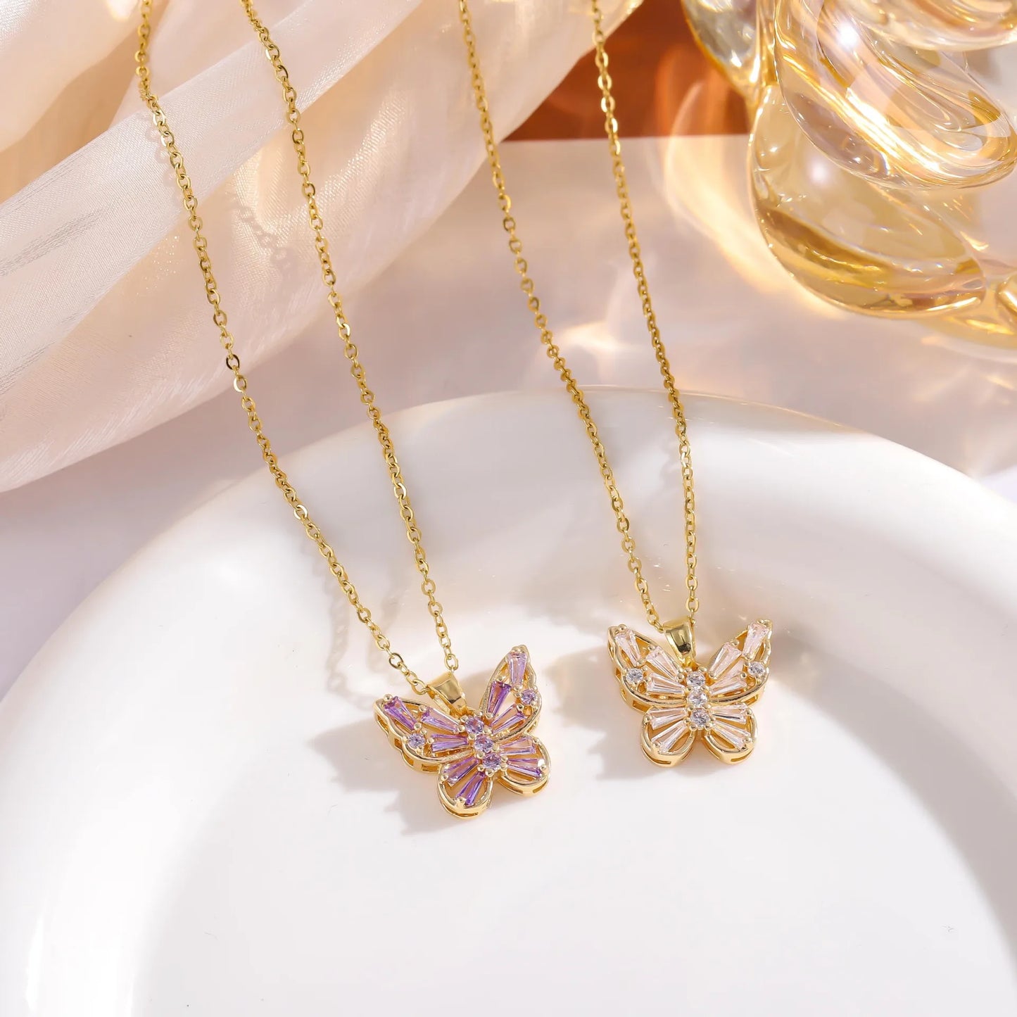 18k Gold Butterfly Pendant Necklace Stainless Steel Green White Purple Zircon Butterfly Shaped Necklace