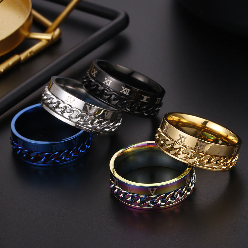Personalized 8mm Roman Numeral Stainless Steel Rotatable Link Chain Spinner Men Women Rings