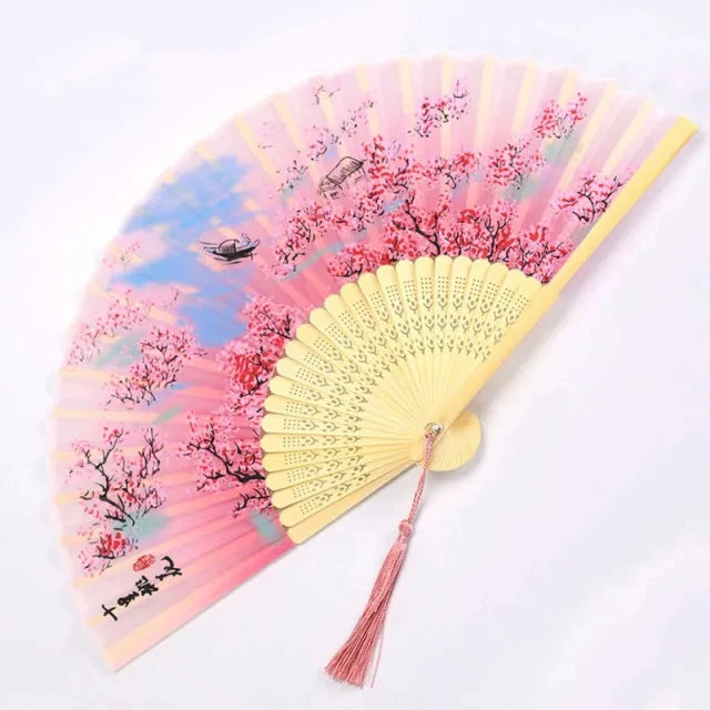 Vintage Flower Bamboo Hand Fan for Women & Girls Wedding Festival Dance Performances Home Decor Paper Material with Bag Gift