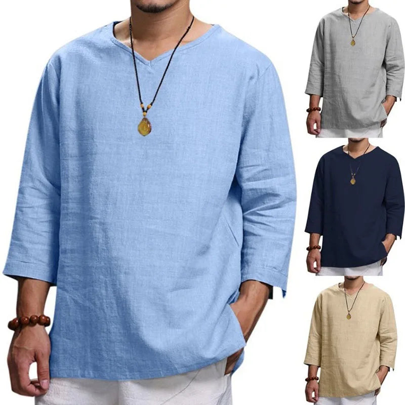 RNSHANGER Summer Men's New 3/4 Sleeve Shirts Loose Solid Color Casual Large Size 4XL Pullover Shirt Streetwear Beach Shirts