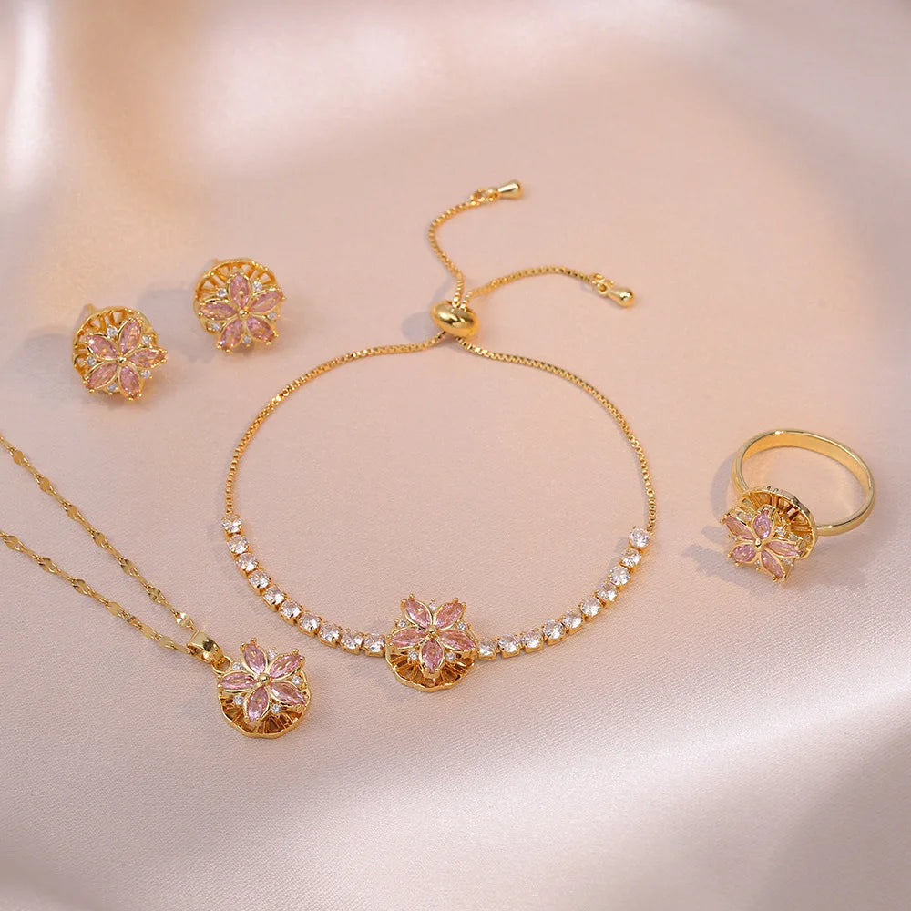 Fashion Jewelry 4 Can Rotate Pendant Earrings Rings Bracelets Micro-embedded Zircon Titanium Steel Necklace