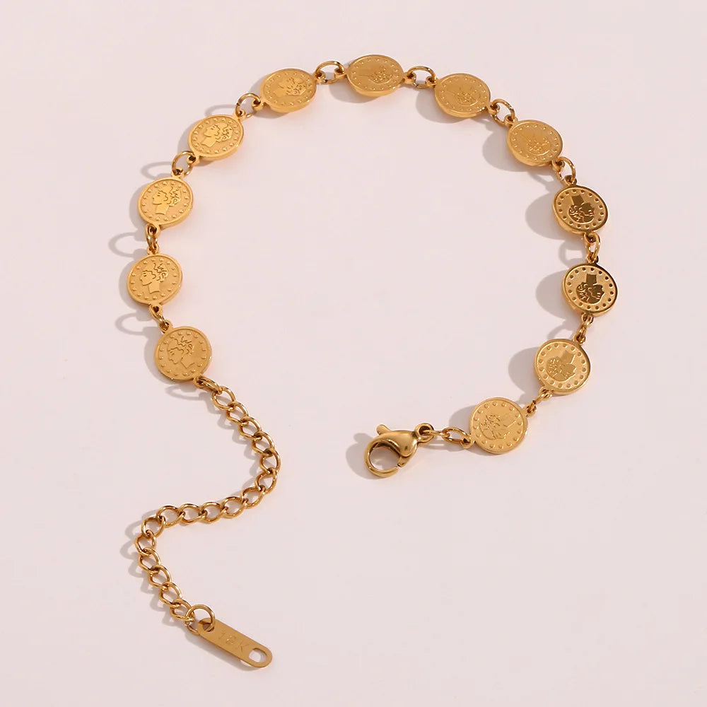 Vintage High Quality Round Adjustable Bracelet Relief Coin 18K Gold Plated Water Proof Stainless Steel Bracelet