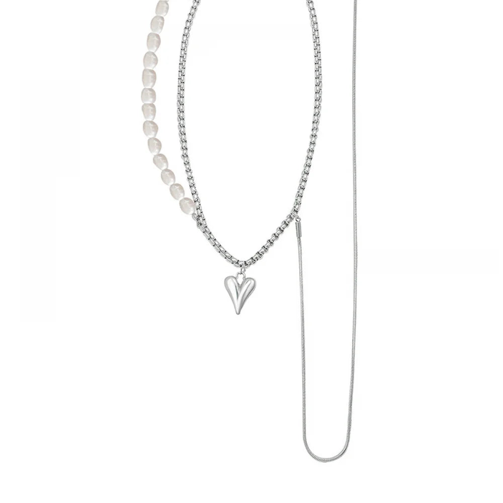 Fashion Stainless Steel Double Layer Splicing Chain Heart Pendant Natural Freshwater Pearl Necklace for Women