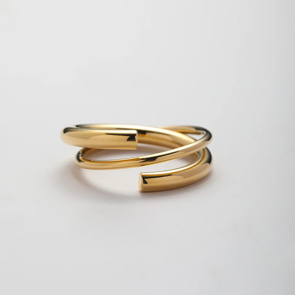 YF5022 Fashion Waterproof Jewelry 18K Gold Plated Stainless Steel Round Lines Double Layer Cross Rings Non Tarnish Rings