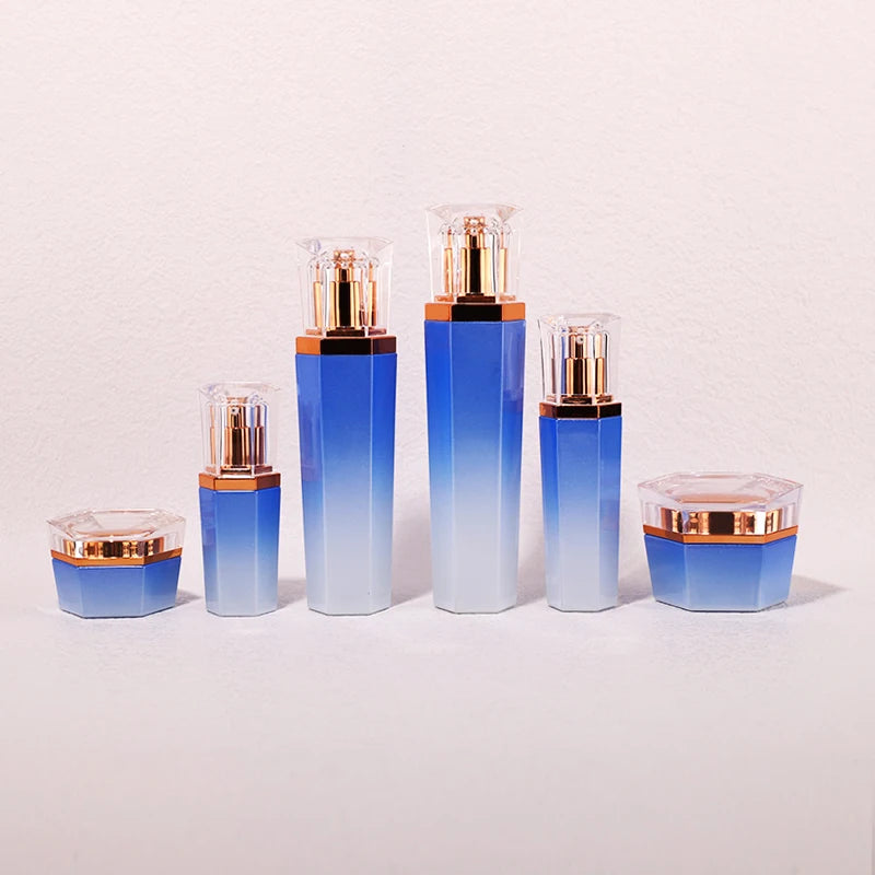 Hexagonal Light Blue Custom Logo 20 30 50 90 110 ml Packaging Skin Care Lotion Toner Face Cream Glass Bottle Set