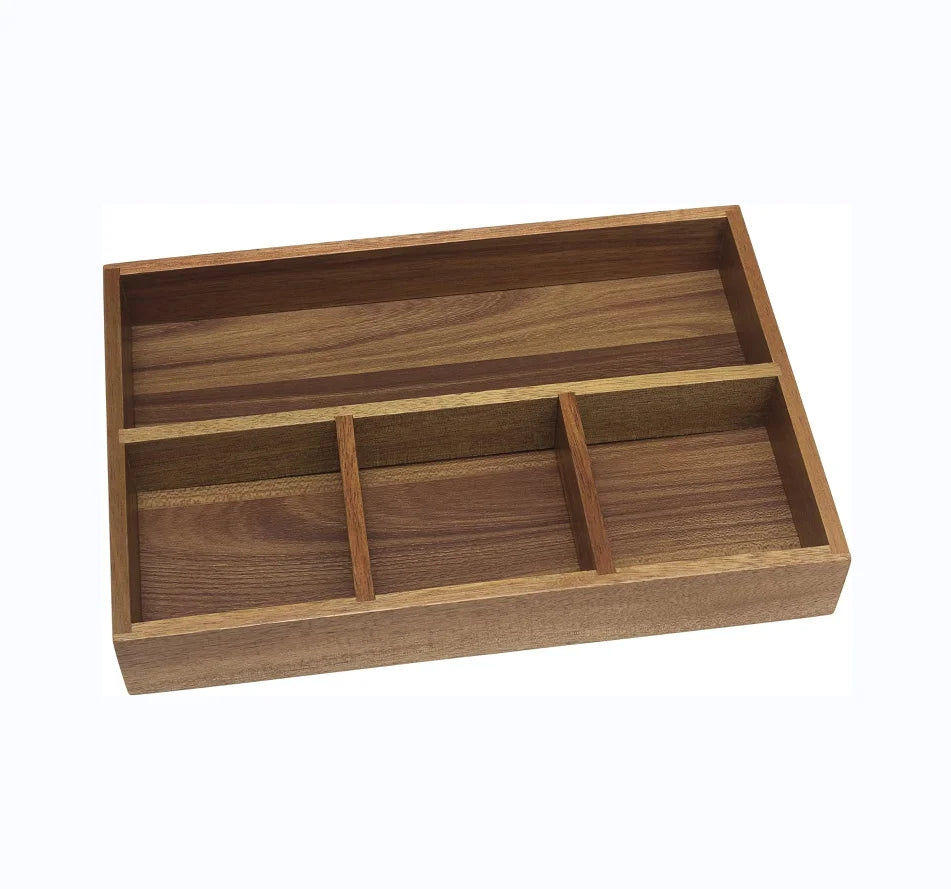 Natural Wood Carved Organizer Serving Tray with Single Tier for Kitchen Bathroom Tableware Tools Drawer Storage