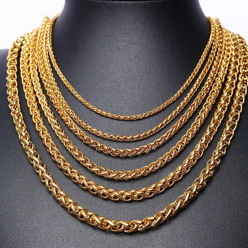 18k Gold Plated Chain Men Necklace Jewelry Stainless Steel Braid Wheat Chain Hips Hops Collar Cuban Curb Custom Chain Necklac