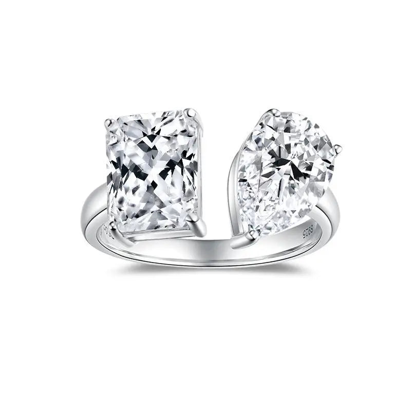 Classic 925 Silver 3ct Pear Radiant Two Stone Moissanite Ring Women Engagement Wedding Adjustable Moissanite Ring