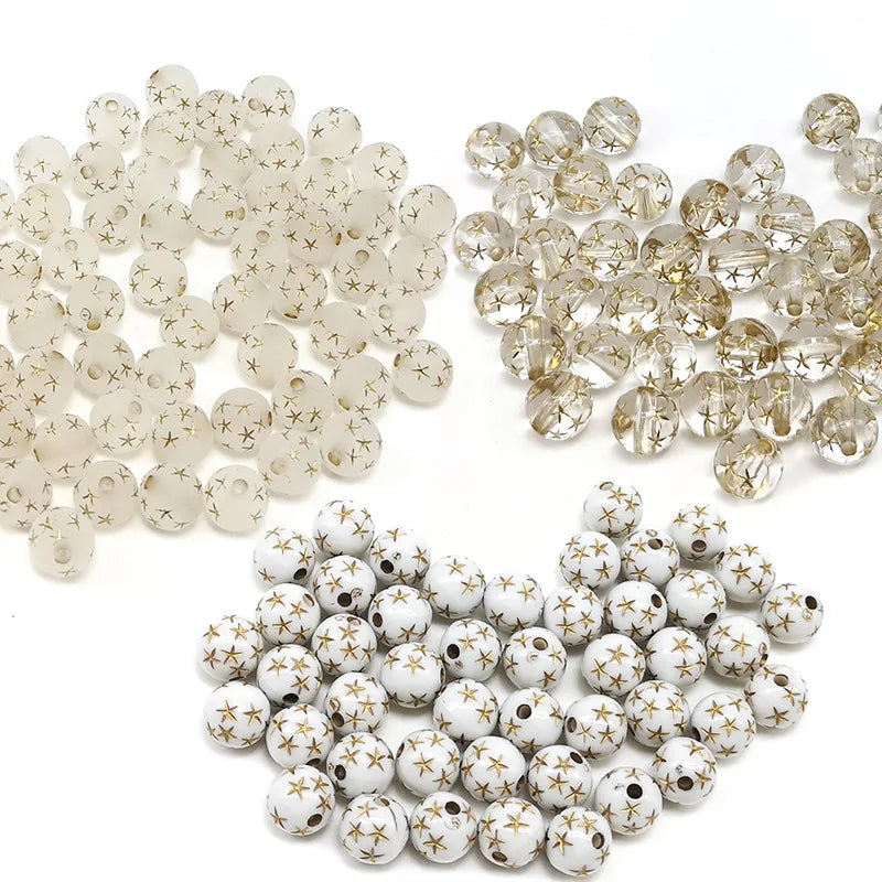 50pcs/bag 8-10mm Acrylic Frosted Matte Round Beads with Star Shape Transparent Color Plastic Beads for Diy Jewelry Making