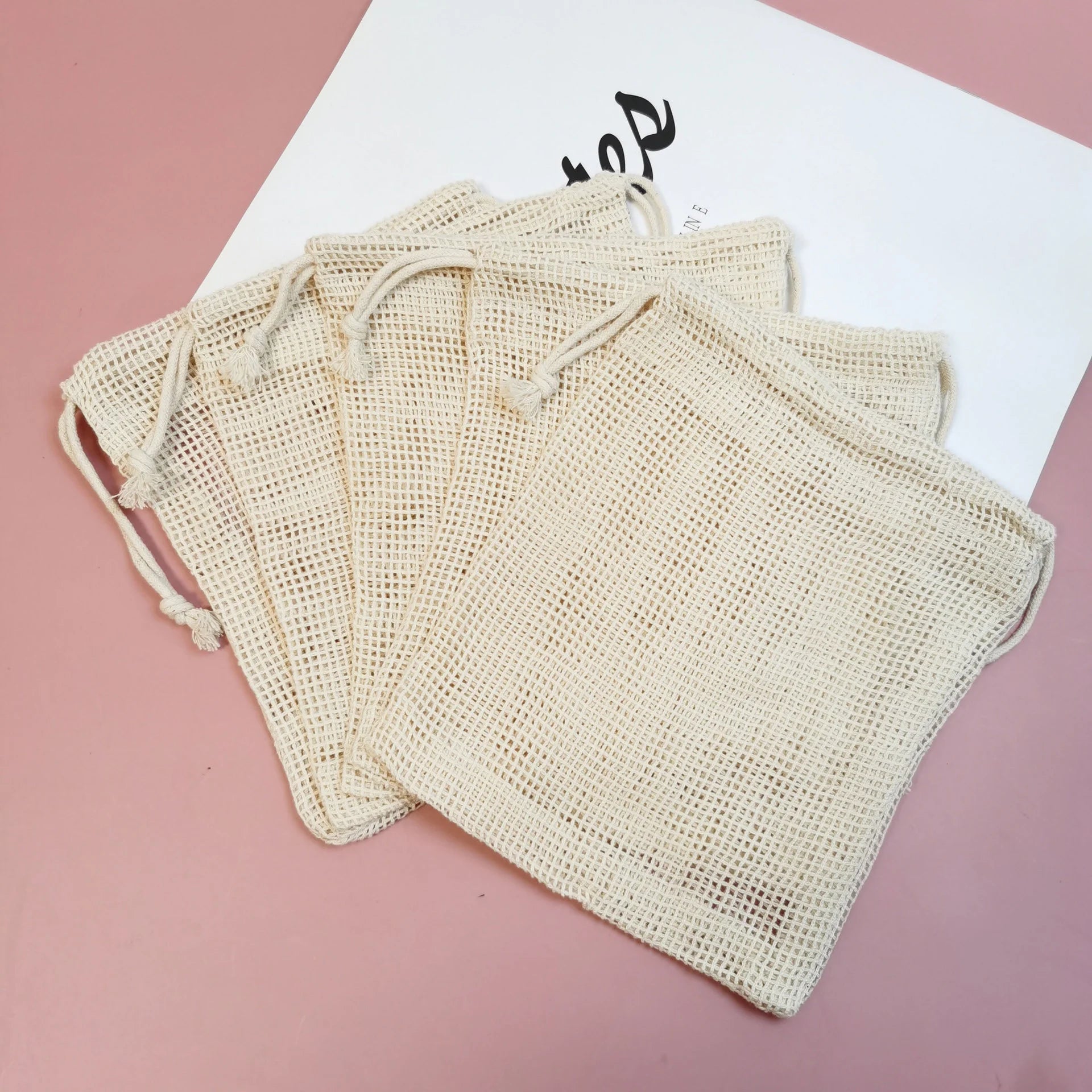 Reusable Handled Cotton Mesh Produce Bag Zipper Closure Eco-Friendly Zero Waste Grocery Bag Organic Cotton Soap Saver Food Ba