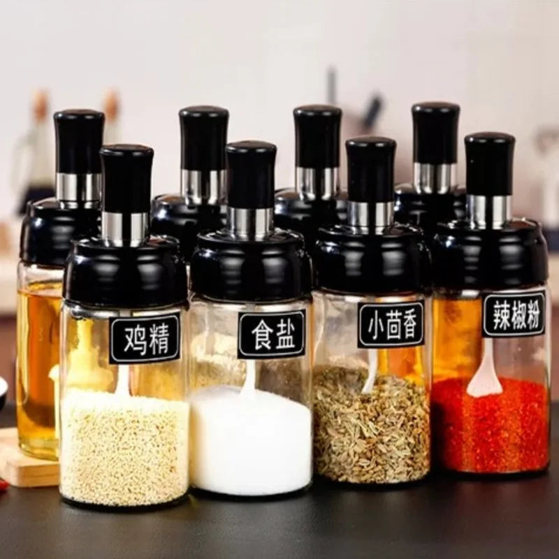 Kitchen Vinegar Flavoring Tank With Spoon Spice Jar Storage Container Condiment tank Bottles with Lid and Spoons