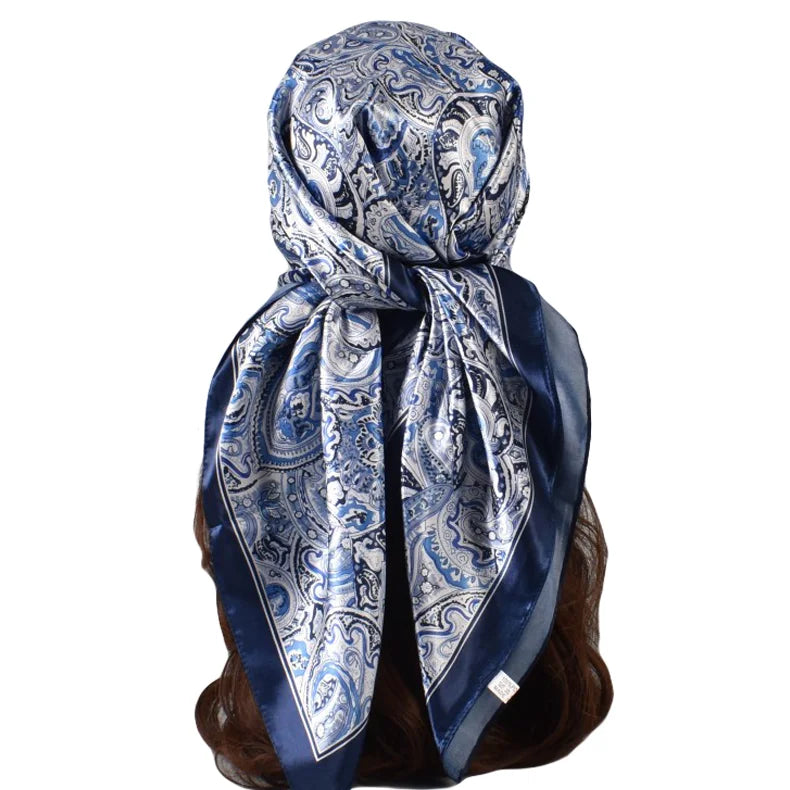 Women's Summer New Style Big Cashew Flower Printed 90cm Shiny Satin Shawl Square Scarf Wholesale