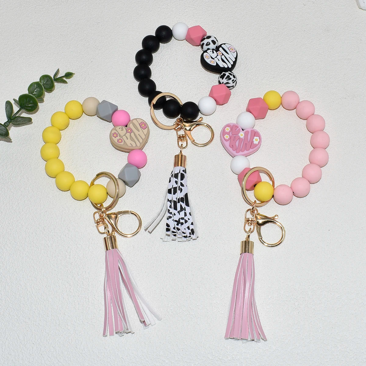 Silicone Beads Heart Shape BE KIND Mixed Color Bracelet With Tassel Wristlet Keychain for Teachers