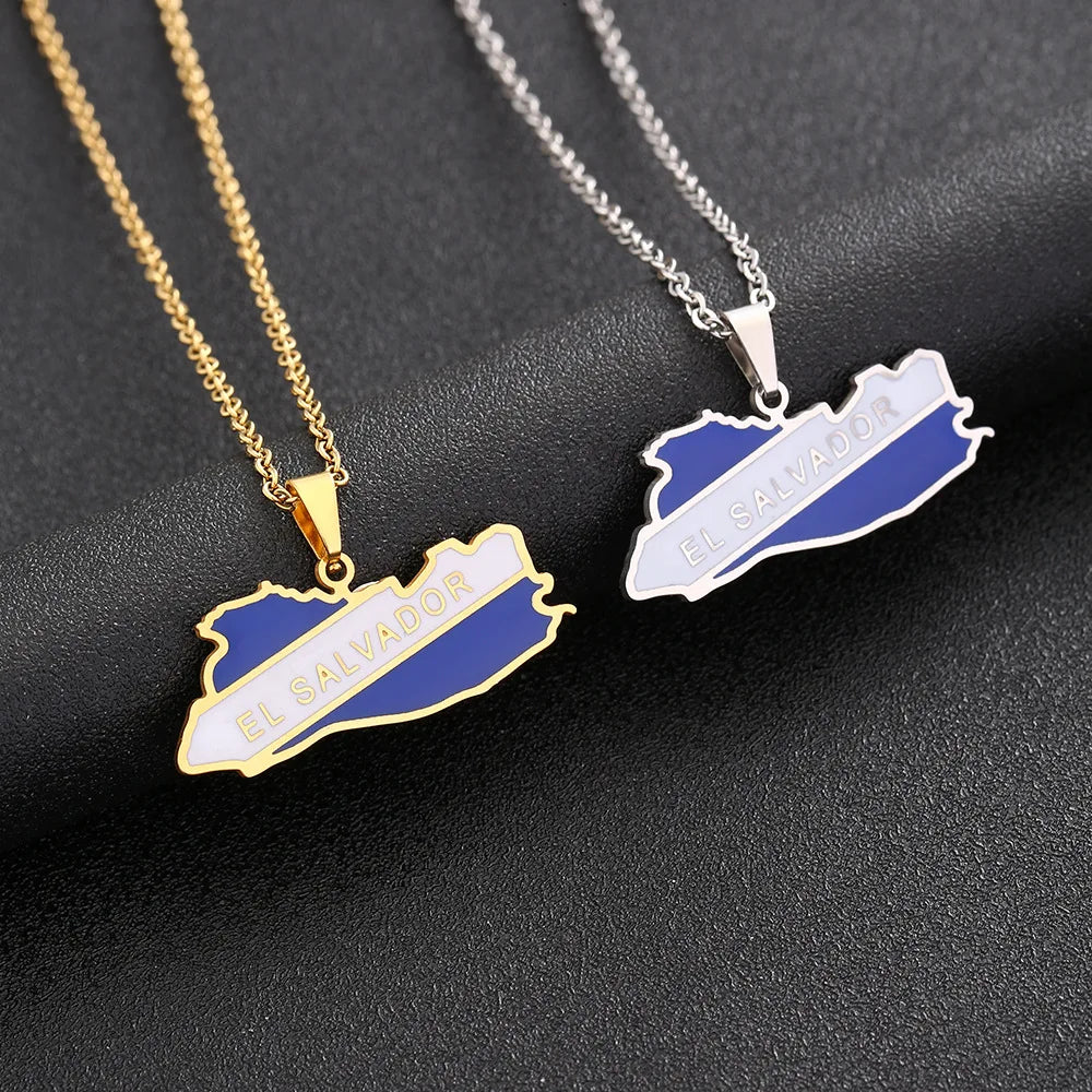 Enameled El Salvador Map Chain Necklaces Stainless Steel 18K Gold Plated Enamel El Salvador National Flag Map Pendant Necklac