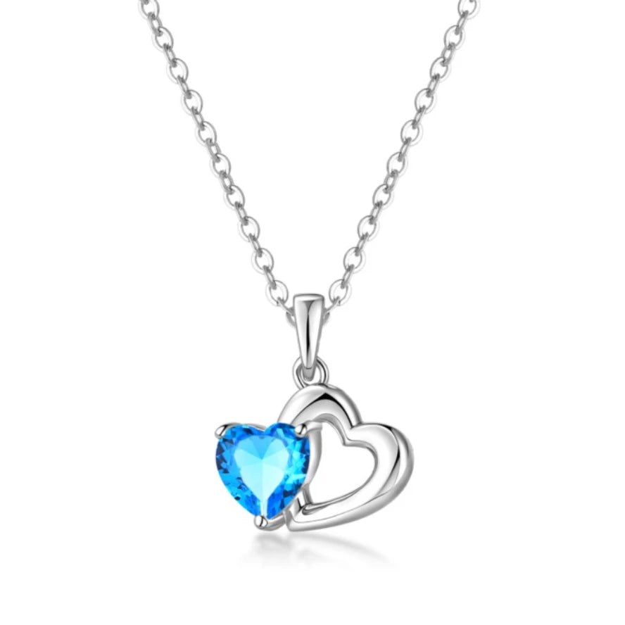 Fine Jewelry Hollow Out Elegant Women's 925 Sterling Silver Heart Blue Zirconia Pendant Necklace With Rhodium Plated