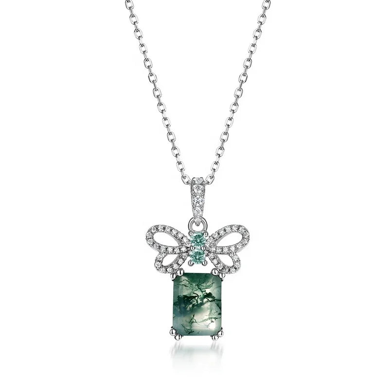 High Quality Jewelry Rectangle Green Gemstone Pendant Dainty Zircon Bow Knot and Natural Moss Agate Pendant Necklace