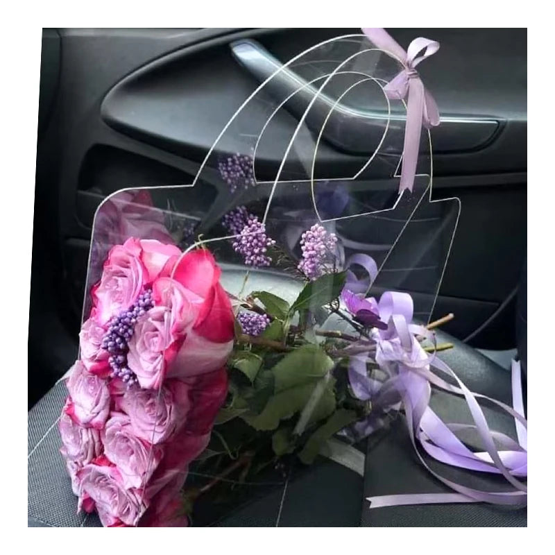 Beautiful Cheap Custom Clear Plastic Flower Carrier With Purple Ribbon