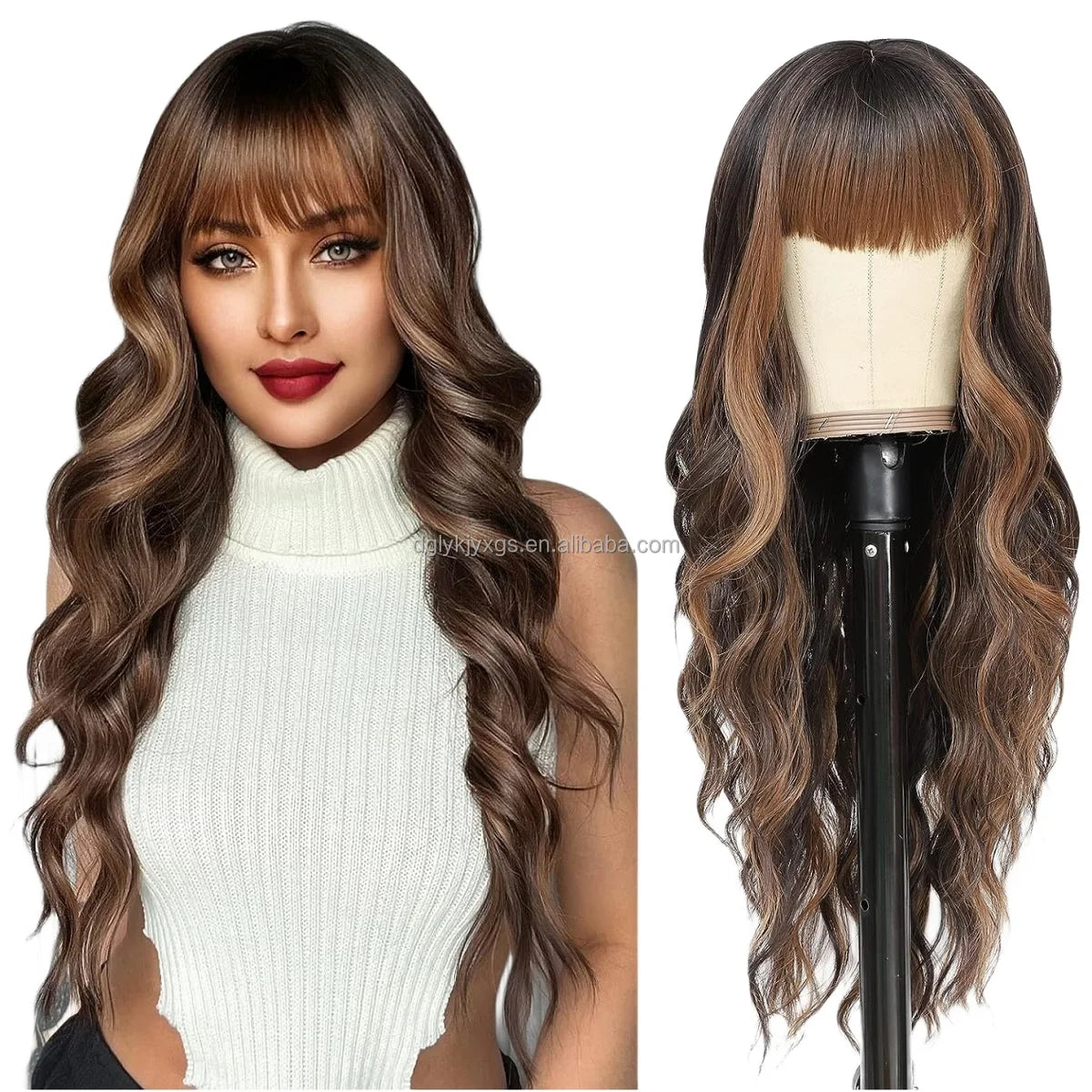 WH16 Hot Sales Bangs Wavy Curly Wigs Water Wave Wig Brown Blonde Auburn Heat Resistant Synthetic Wigs Daily Wear Women Hair