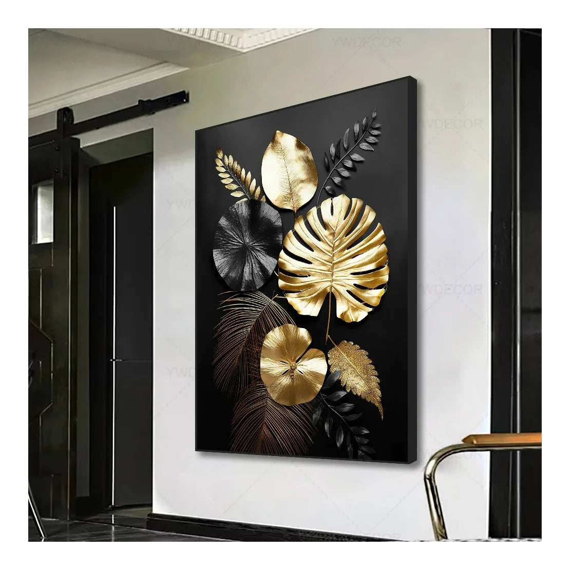 Home Decor Luxury Black Golden Plant Leaf Canvas Poster Print Abstract Wall Art Hanging Painting