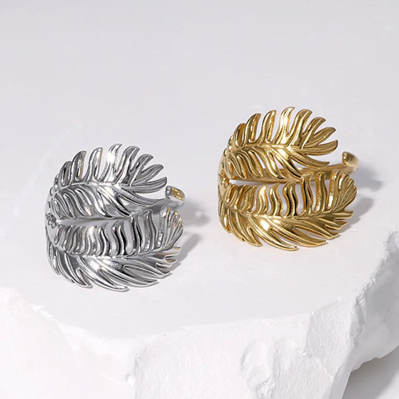 Beimai OEM Ring Manufacturer Wholesale Leaf Shaped  Design Gold Stainless Steel Open Ring