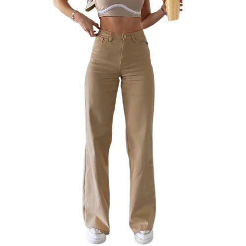 High Waist Retro Casual Loose Pants Solid Color Straight Denim Jeans for Women