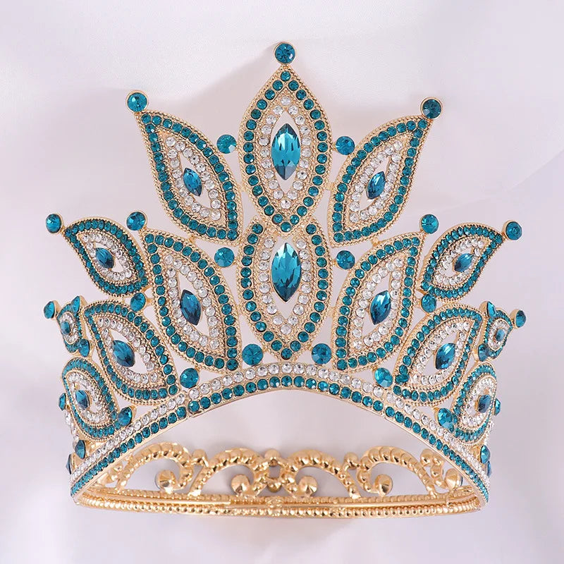 Bridal Baroque Queen Crown Tiara Elegant Trendy Gold Plated Full Round Alloy Wedding Crown Accessories