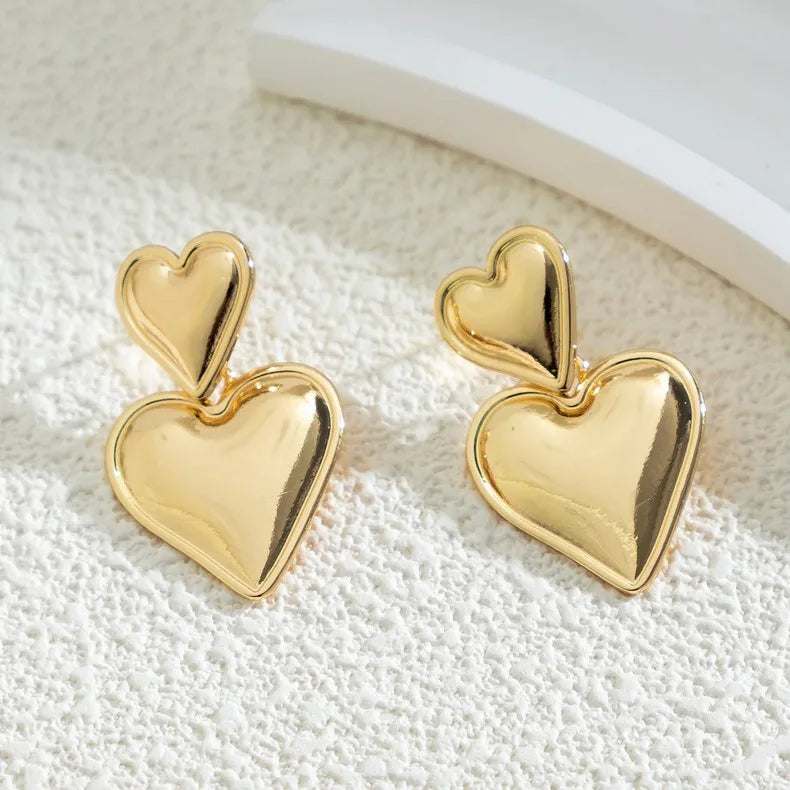 Fashionable Elegant Dangle Earrings Hypoallergenic Double Heart Gold Plated Chunky Drop Earrings