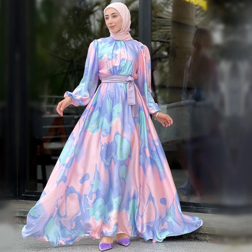 New Exclusive Muslim Long Dress Printed Elegant Party Daily Muslim Woman Dresses Purple Pink Long Dress for Muslim Women